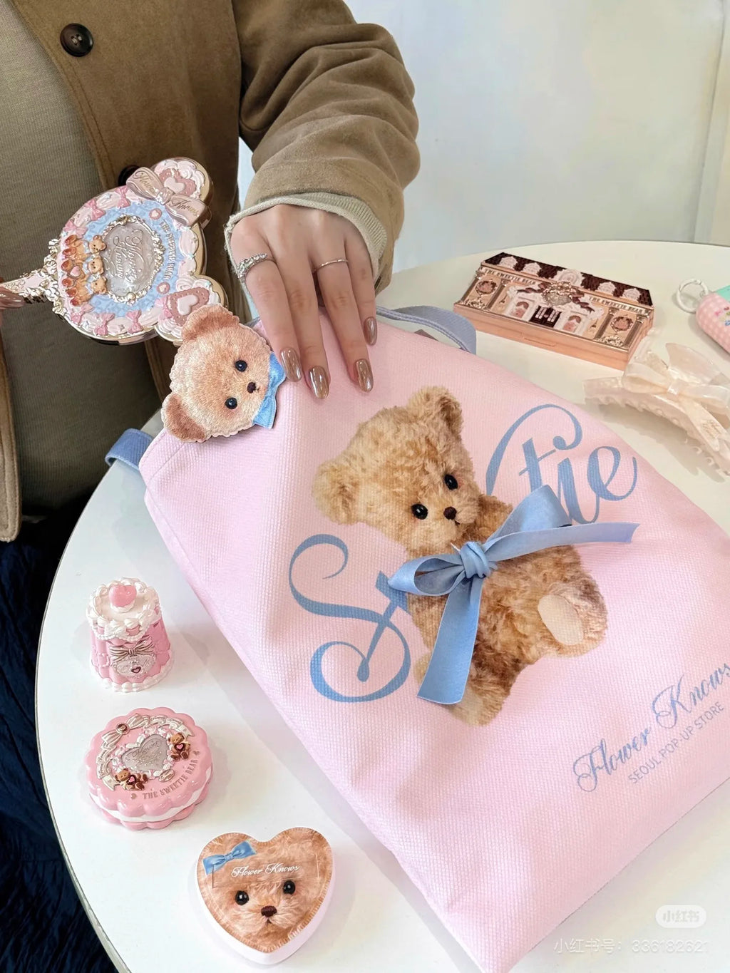 Pastel Pink & Blue Aesthetic Hand Mirror with Powder Puff And Canvas Tote Bag