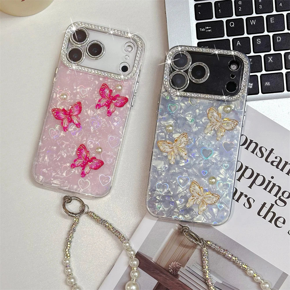 Rhinestone Butterfly Phone Case with Pearl Wrist Strap