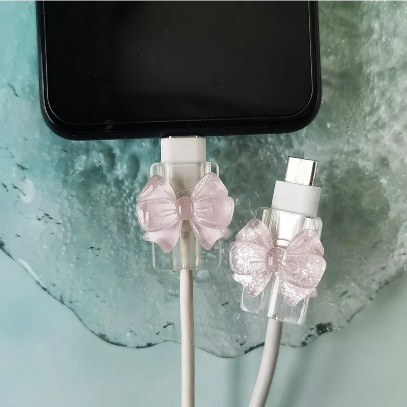 2Pcs Pink Bow Silicone Charger Cable Protector