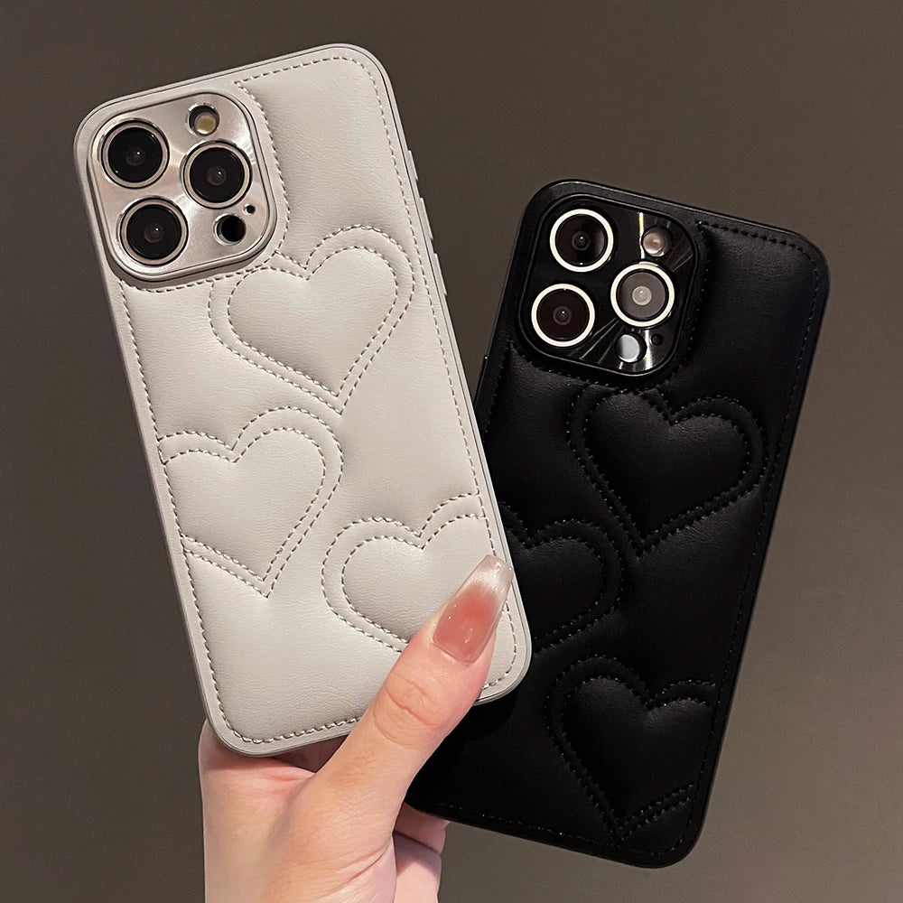 Luxury Heart Embroidered Leather Phone Case