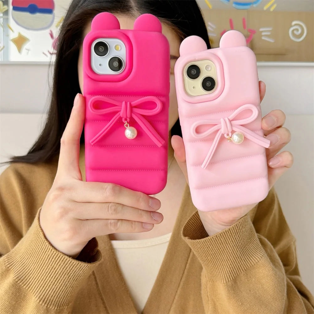 Cat Ear Down Jacket With Bowknot Pearl Pendant Phone Case