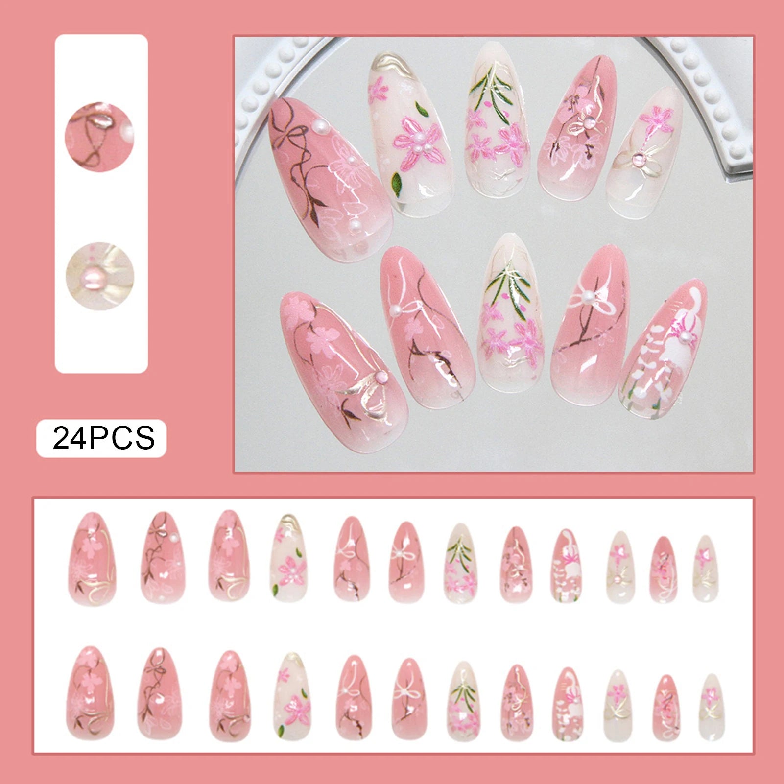 24pcs Amber Rose Floral Design Press on Nails