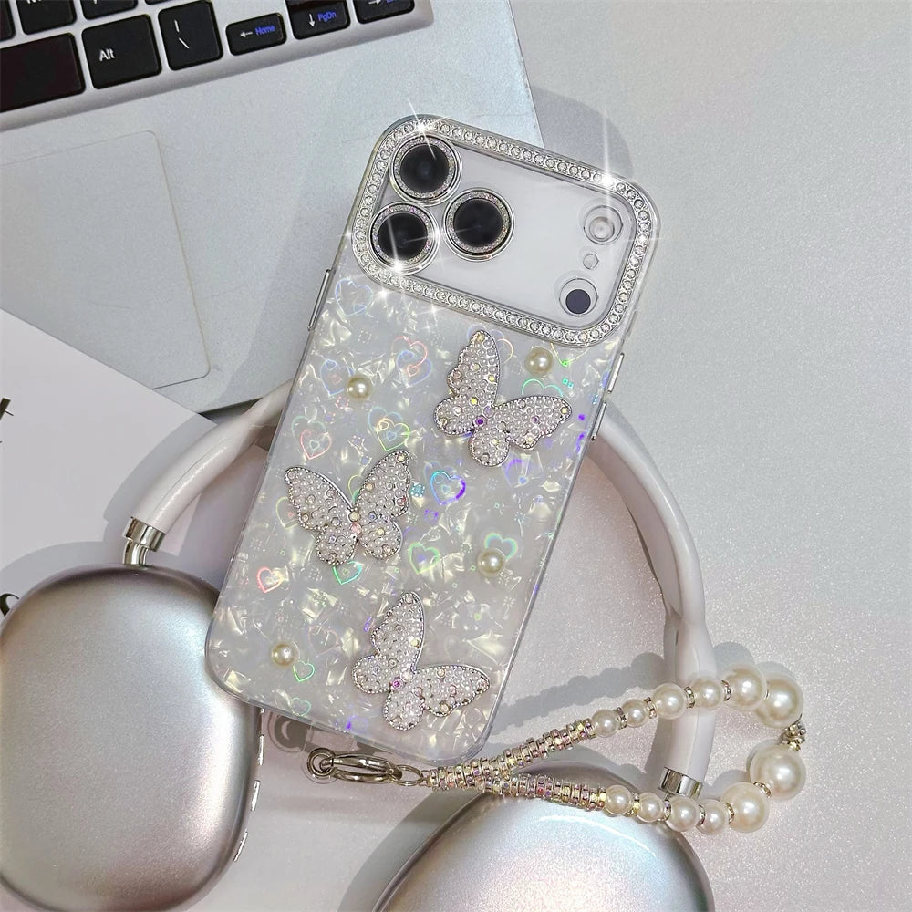 Rhinestone Butterfly Phone Case with Pearl Wrist Strap