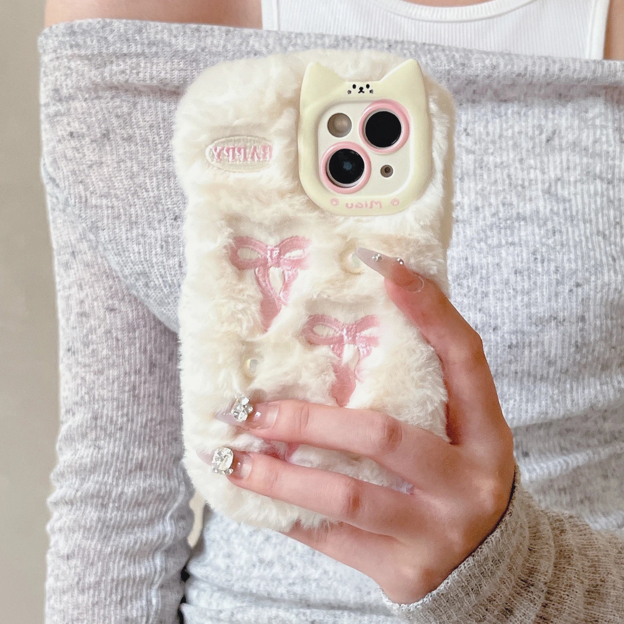 Fluffy 3D Bowknot Cat Ears with Pearls Phone Case
