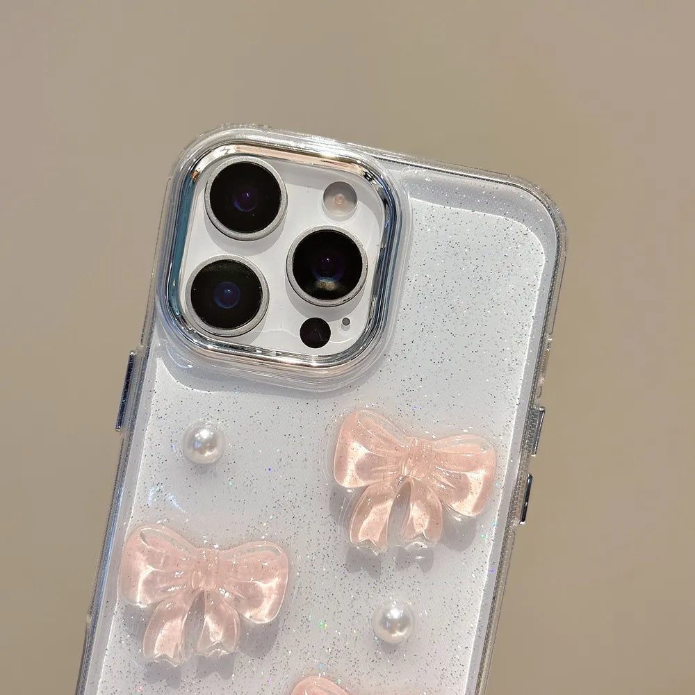 Cute Korean 3D Pink Bow & Pearl Clear Phone Case