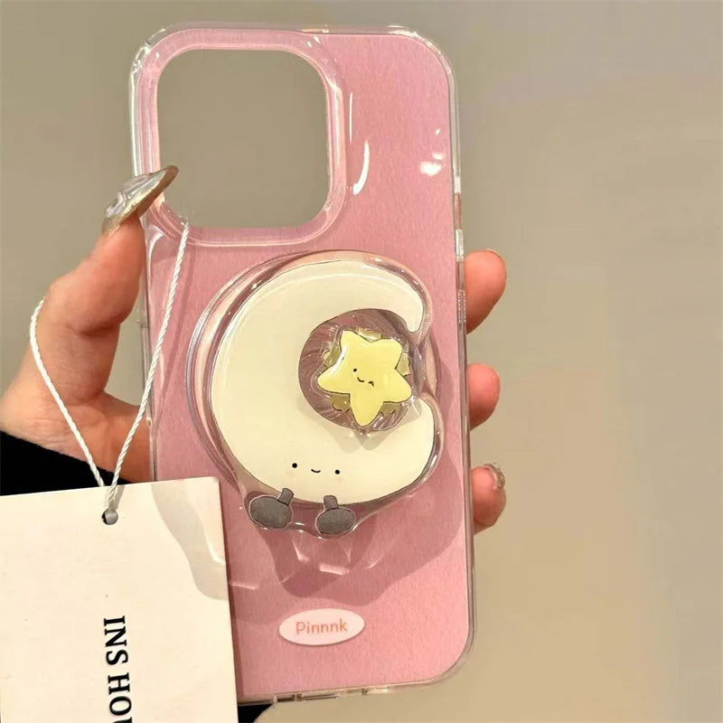 Pleated Pink Rotating Star & Moon Magnetic Bracket Phone Case