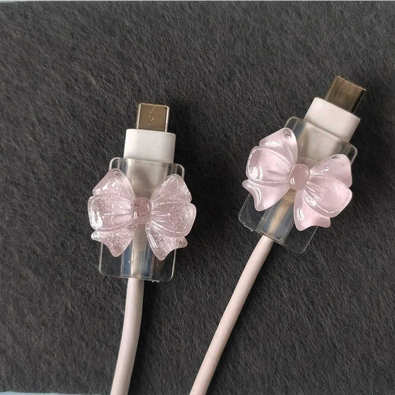 2Pcs Pink Bow Silicone Charger Cable Protector