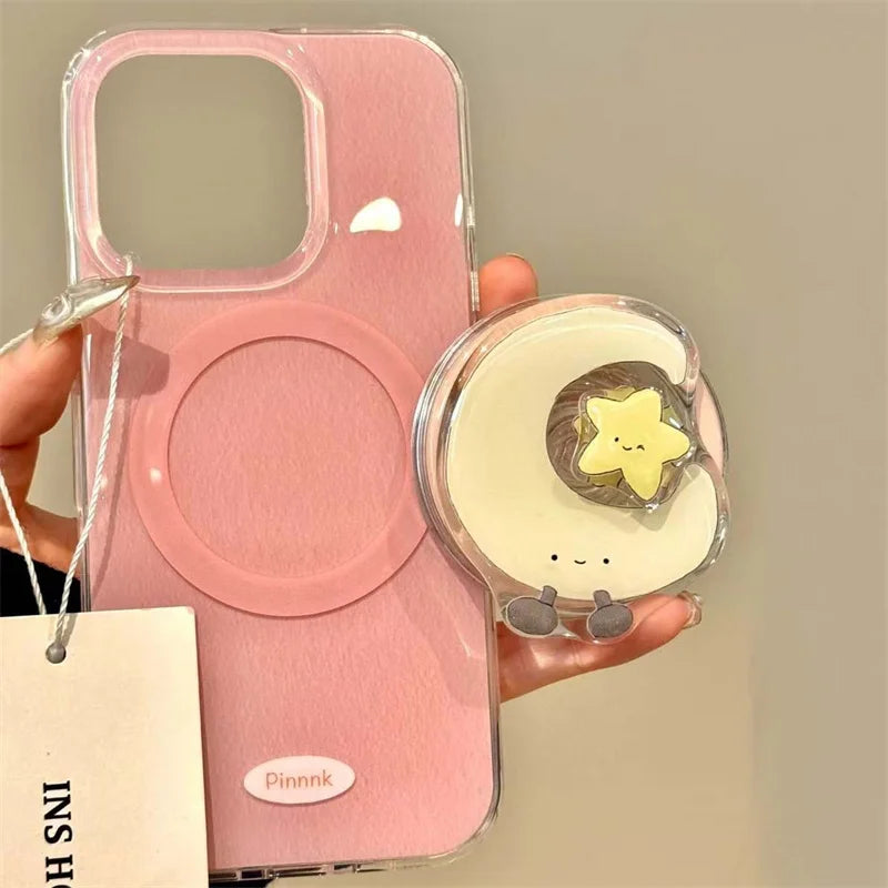 Pleated Pink Rotating Star & Moon Magnetic Bracket Phone Case