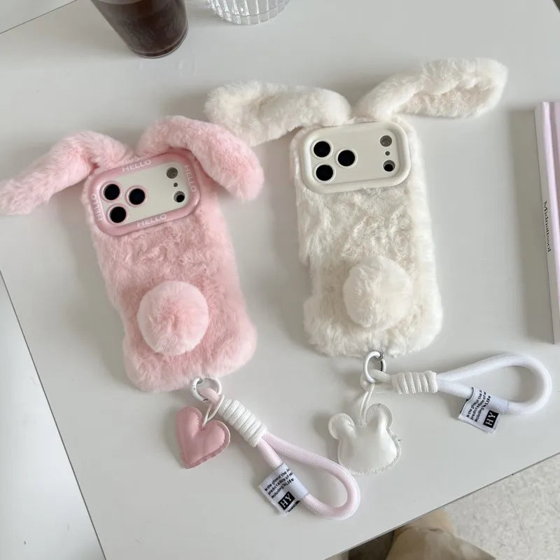 3D Fluffy Bunny Ears Phone Case With Lanyard