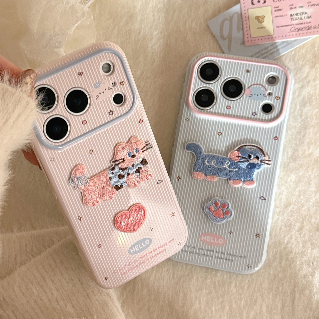 Cute Korean Cartoon Embroidery Kittens Striped Phone Case