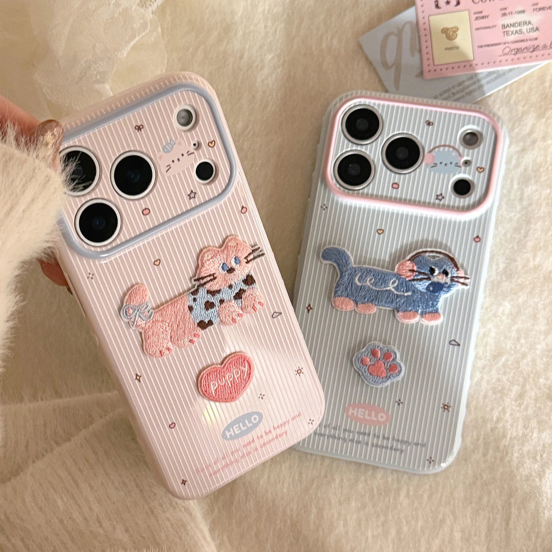 Cute Korean Cartoon Embroidery Kittens Striped Phone Case