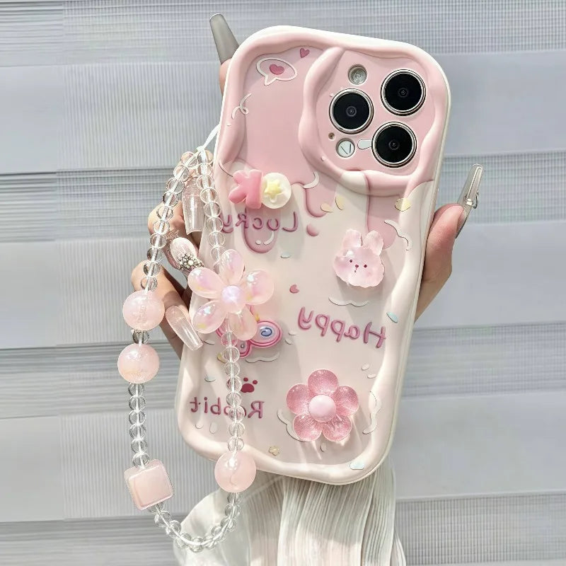 Pink 3D Bunny & Flowers Phone Case