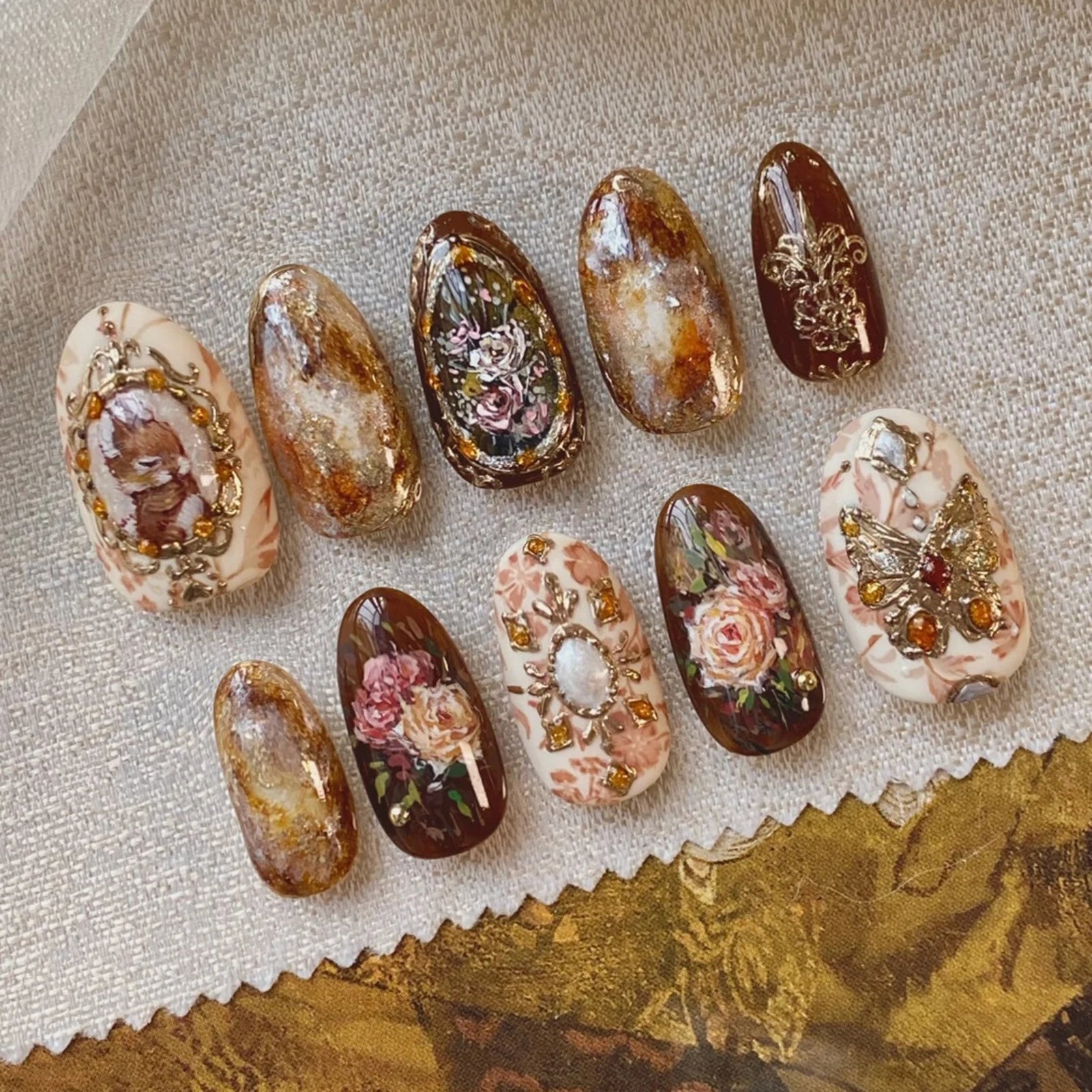 24pcs Amber Rose Floral Design Press on Nails