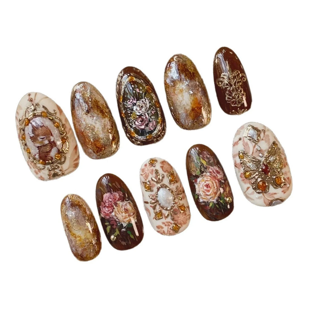 24pcs Amber Rose Floral Design Press on Nails