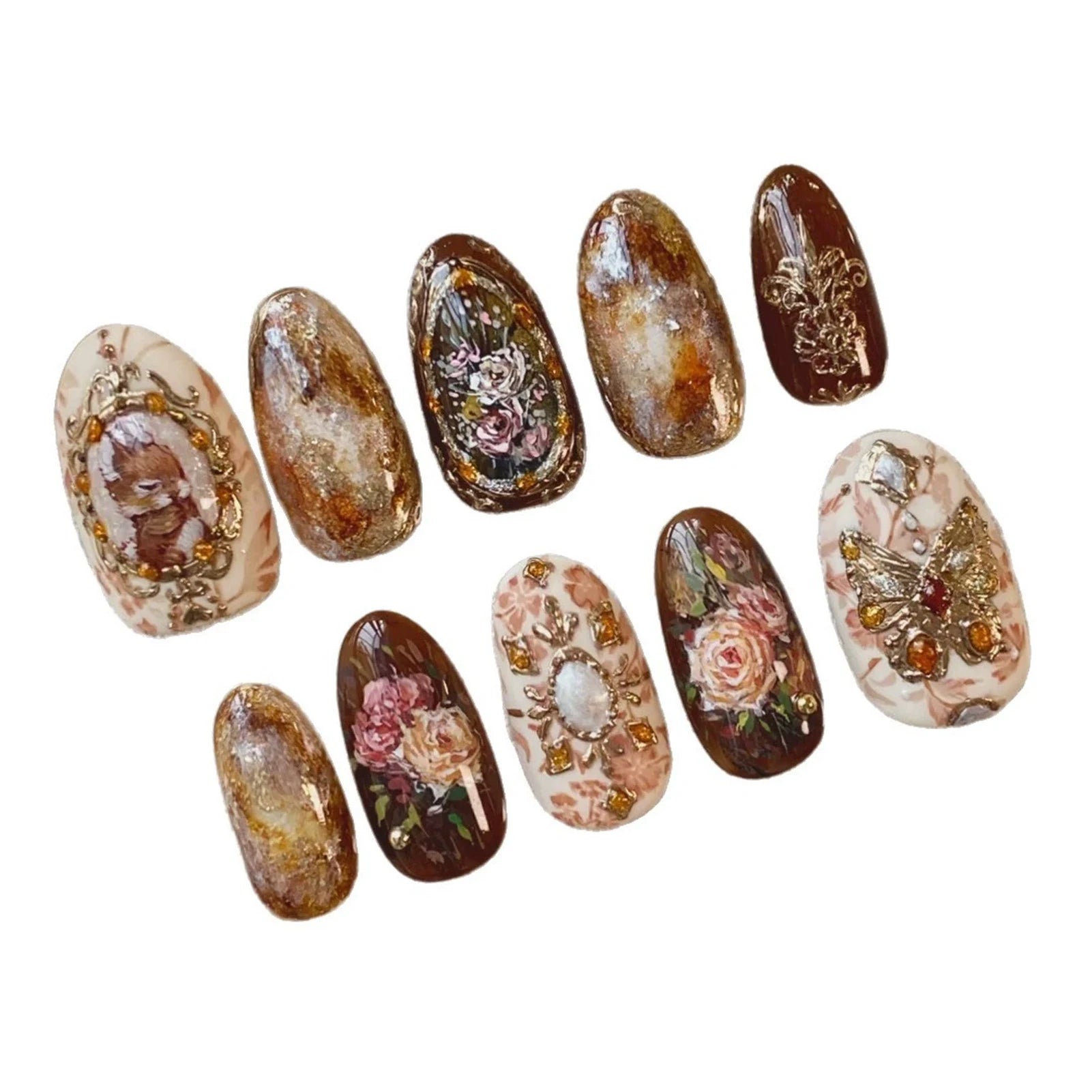 24pcs Amber Rose Floral Design Press on Nails