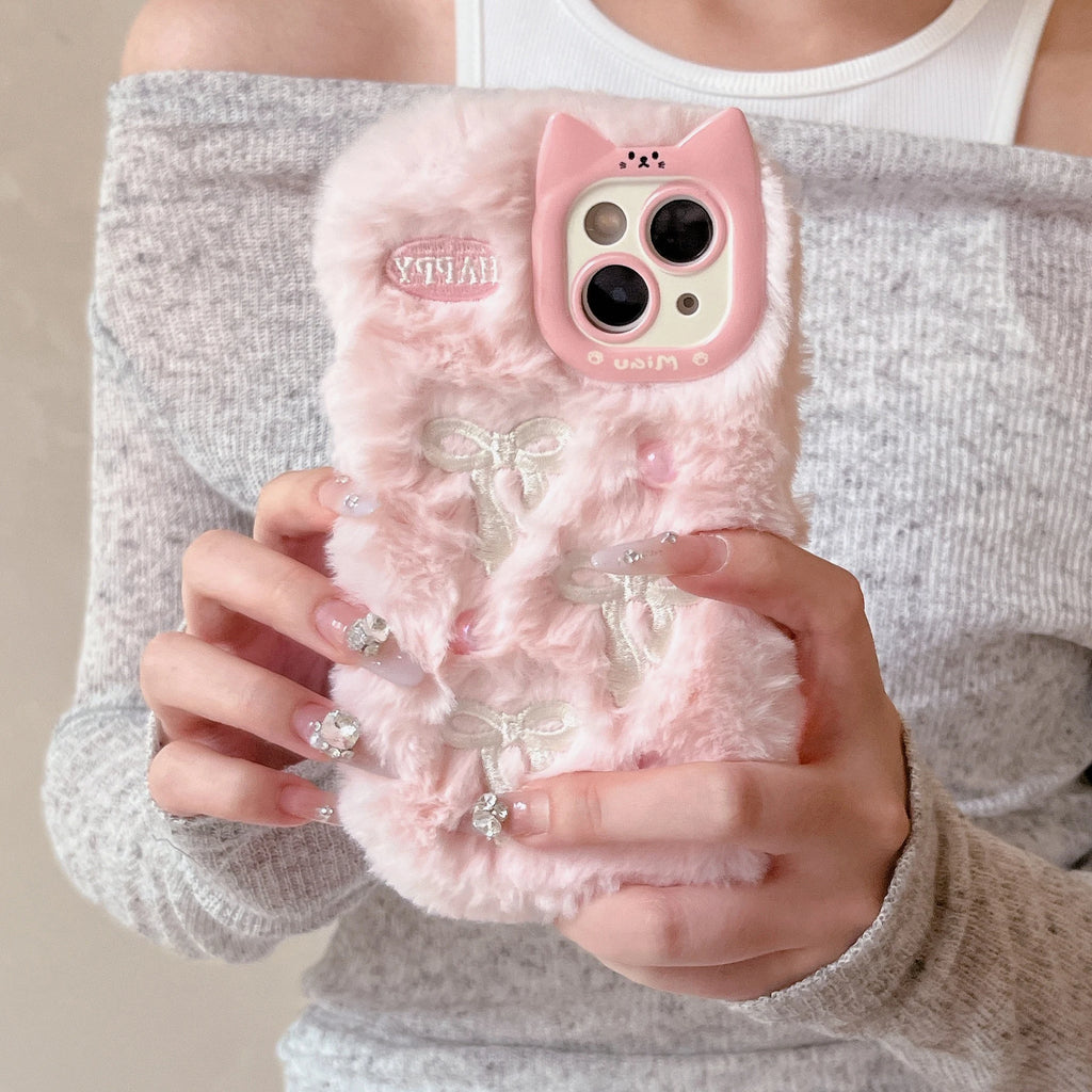 Fluffy 3D Bowknot Cat Ears with Pearls Phone Case