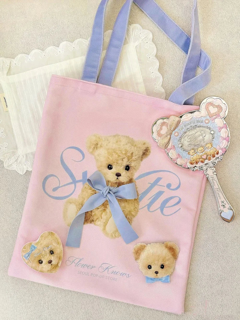 Pastel Pink & Blue Aesthetic Hand Mirror with Powder Puff And Canvas Tote Bag