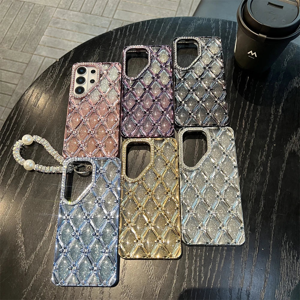 Samsung | Rhinestone Pattern Clear Case With Wrist Pearl Strap Bracelet