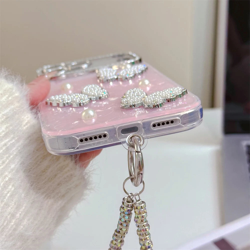 Rhinestone Butterfly Phone Case with Pearl Wrist Strap