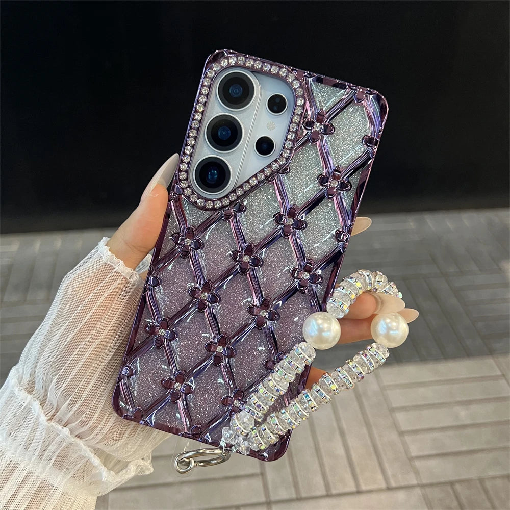 Samsung | Rhinestone Pattern Clear Case With Wrist Pearl Strap Bracelet