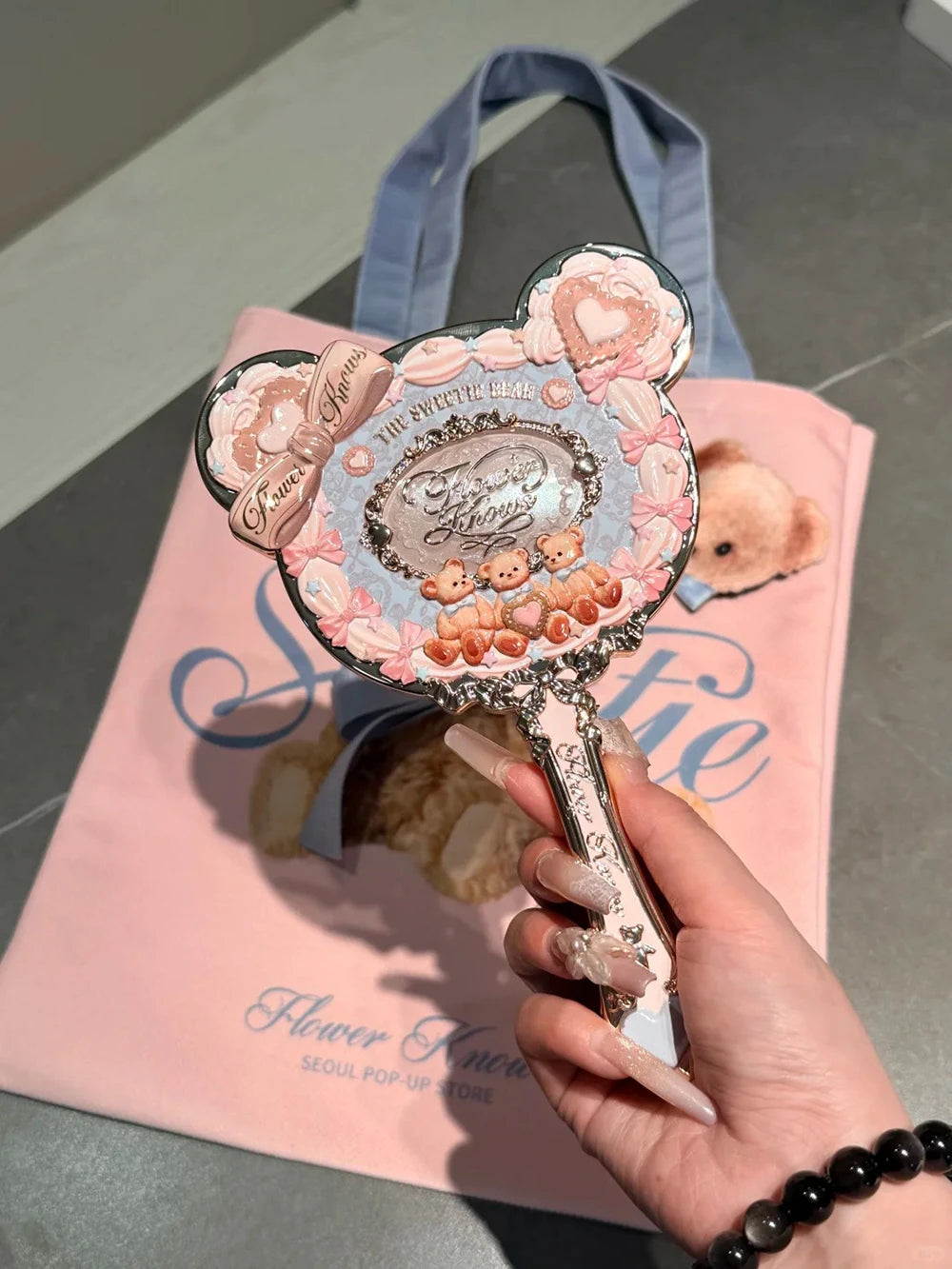Pastel Pink & Blue Aesthetic Hand Mirror with Powder Puff And Canvas Tote Bag