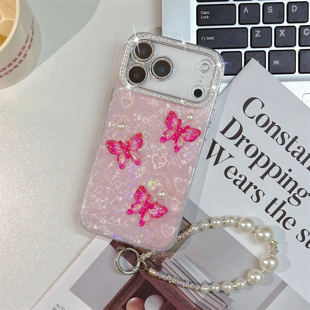 Rhinestone Butterfly Phone Case with Pearl Wrist Strap