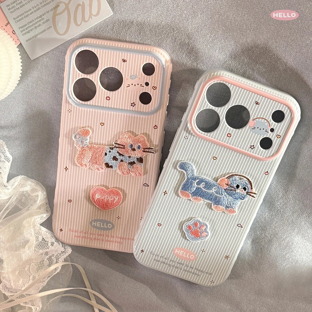 Cute Korean Cartoon Embroidery Kittens Striped Phone Case