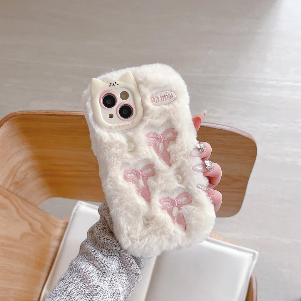 Fluffy 3D Bowknot Cat Ears with Pearls Phone Case