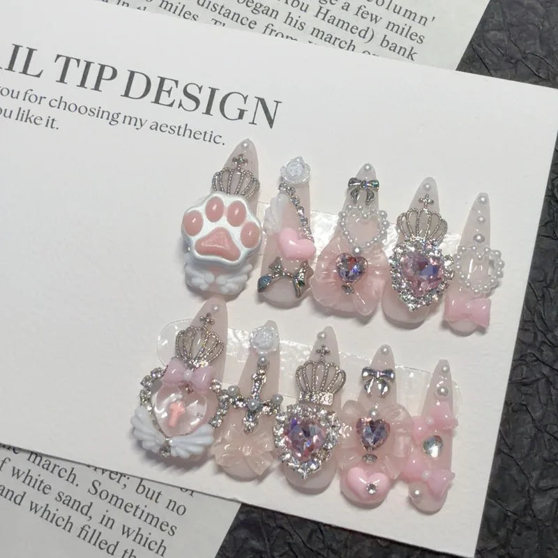 Jirai Kei 3D Bow Cat Claw Short Almond Handmade Press on Nails