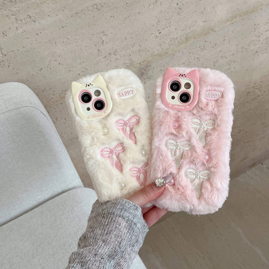 Fluffy 3D Bowknot Cat Ears with Pearls Phone Case