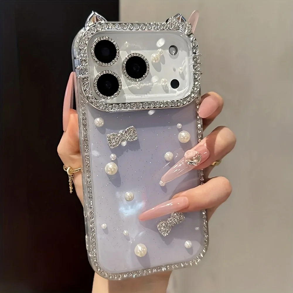 Luxury Rhinestone Cat Ears & 3D Bow Pearl Phone Case