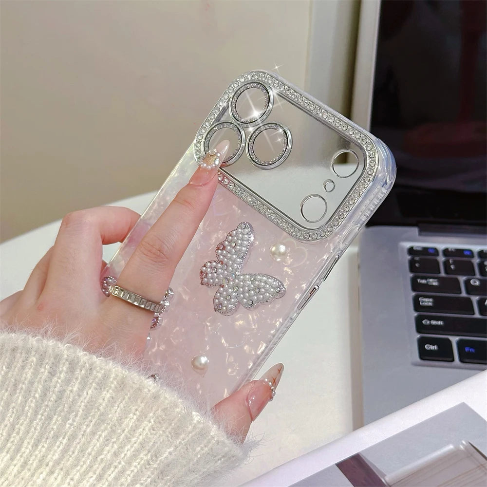 Rhinestone Butterfly Phone Case with Pearl Wrist Strap