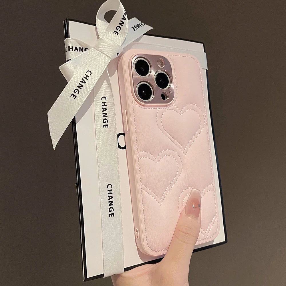 Luxury Heart Embroidered Leather Phone Case