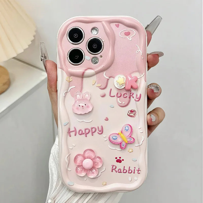Pink 3D Bunny & Flowers Phone Case
