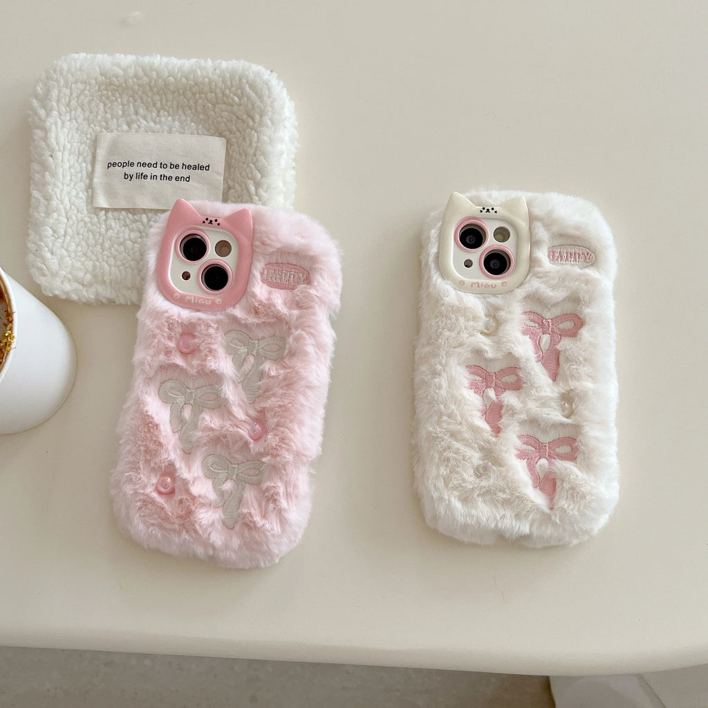 Fluffy 3D Bowknot Cat Ears with Pearls Phone Case