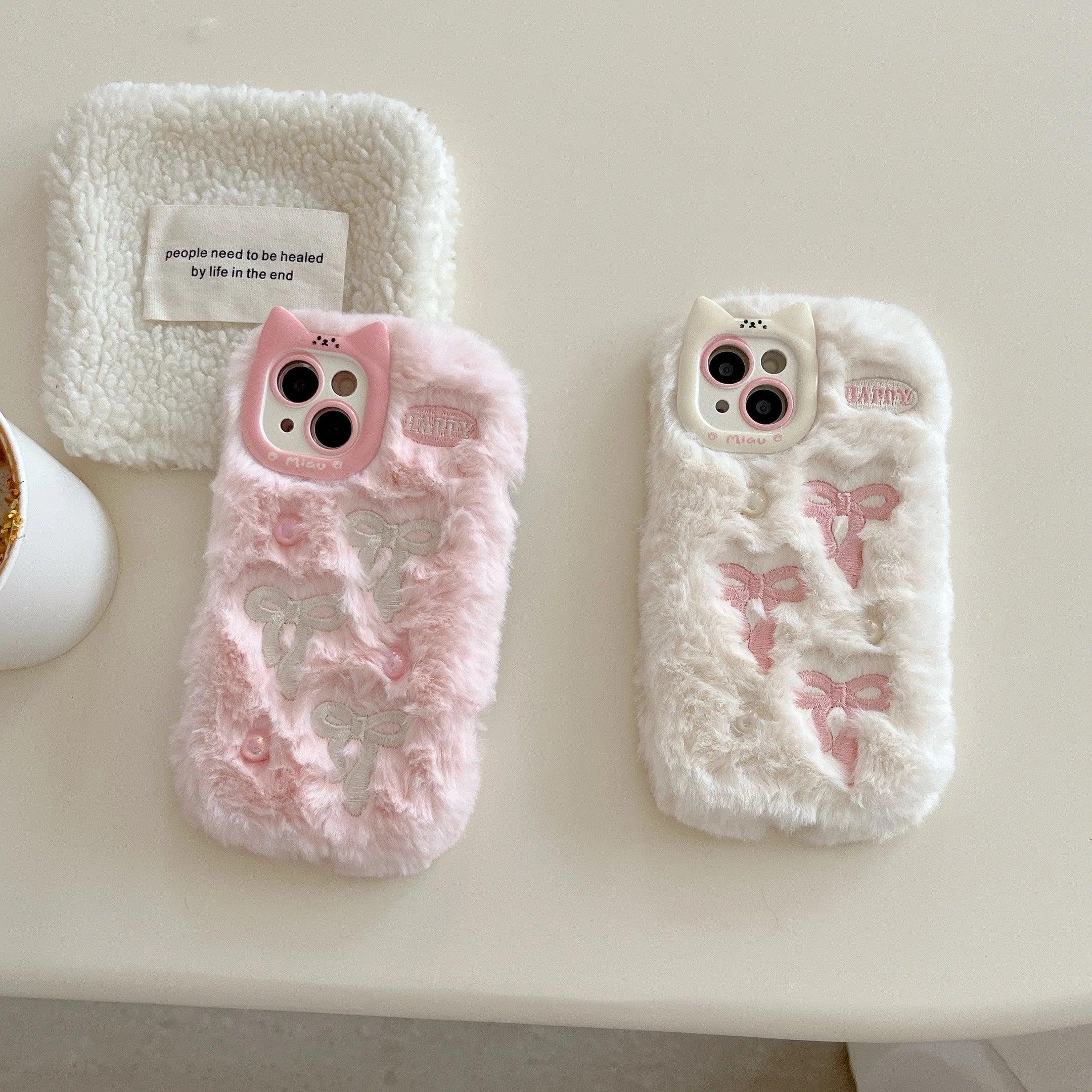 Fluffy 3D Bowknot Cat Ears with Pearls Phone Case