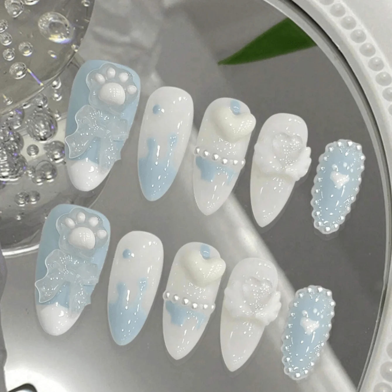 10pcs Cute Blue Bow & Cat Claw Press On Nails
