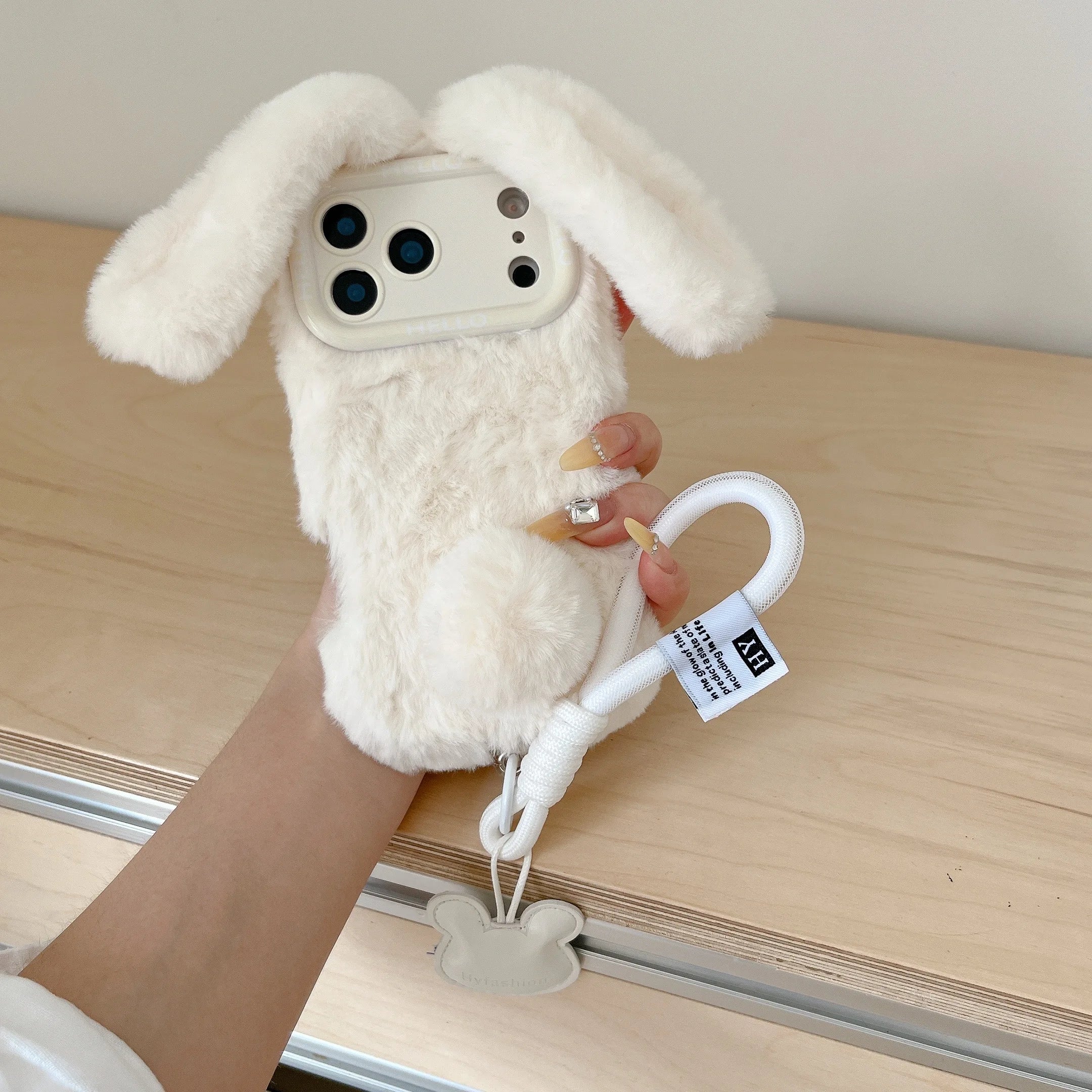 3D Fluffy Bunny Ears Phone Case With Lanyard