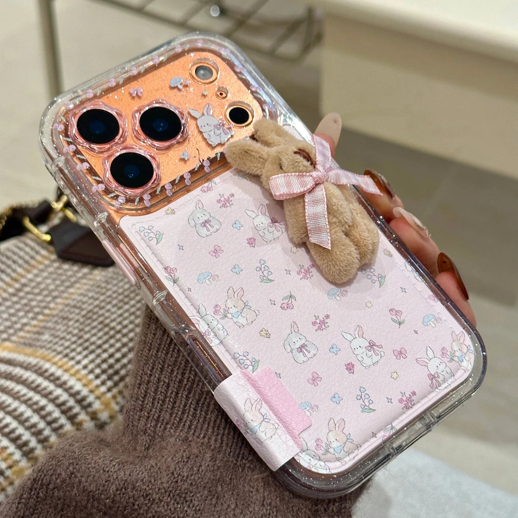 Plush Rabbit & Flower Leather Phone Case