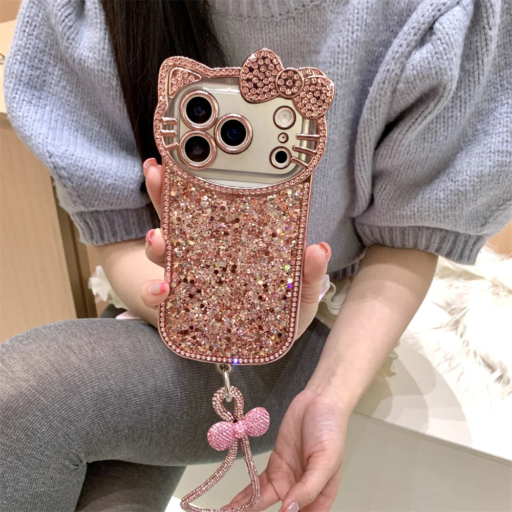 Hello Kitty 3D Pink Glitter Phone Case With Wrist Chain
