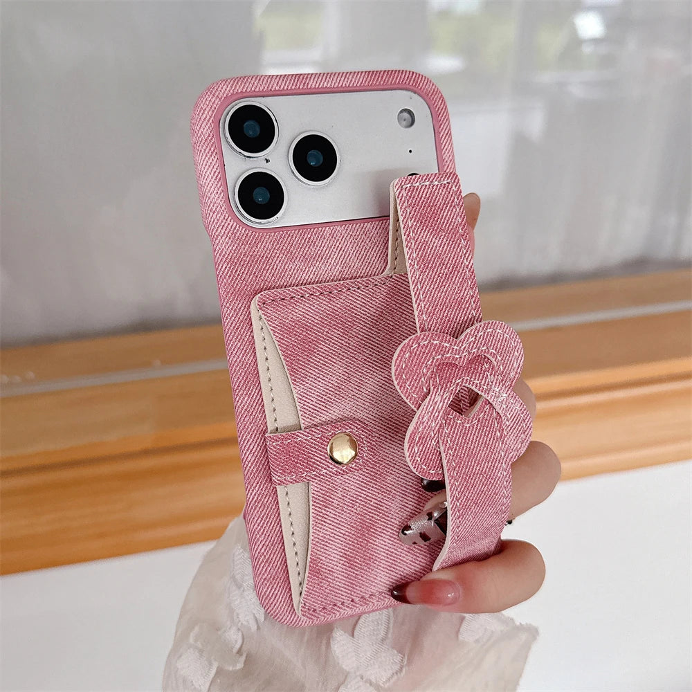 Denim Card Holder Matte Phone Case with Heart Strand