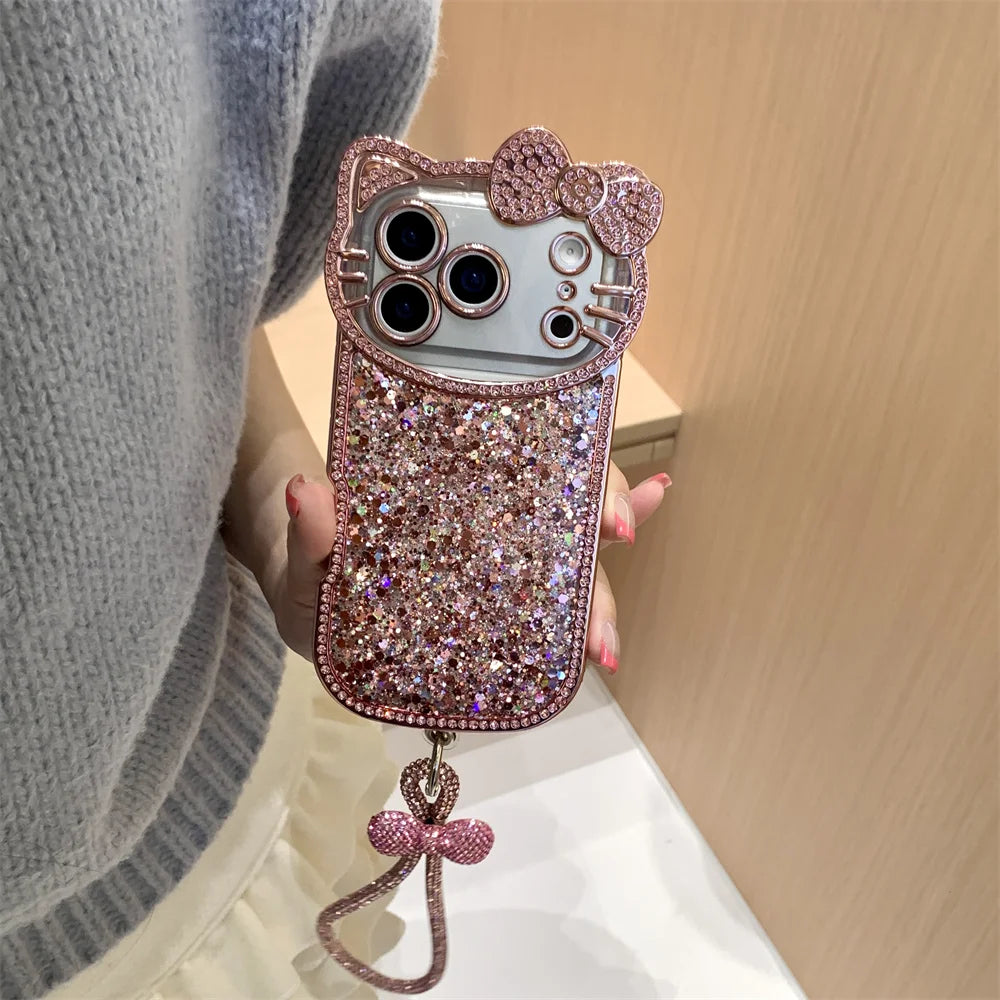 Hello Kitty 3D Pink Glitter Phone Case With Wrist Chain
