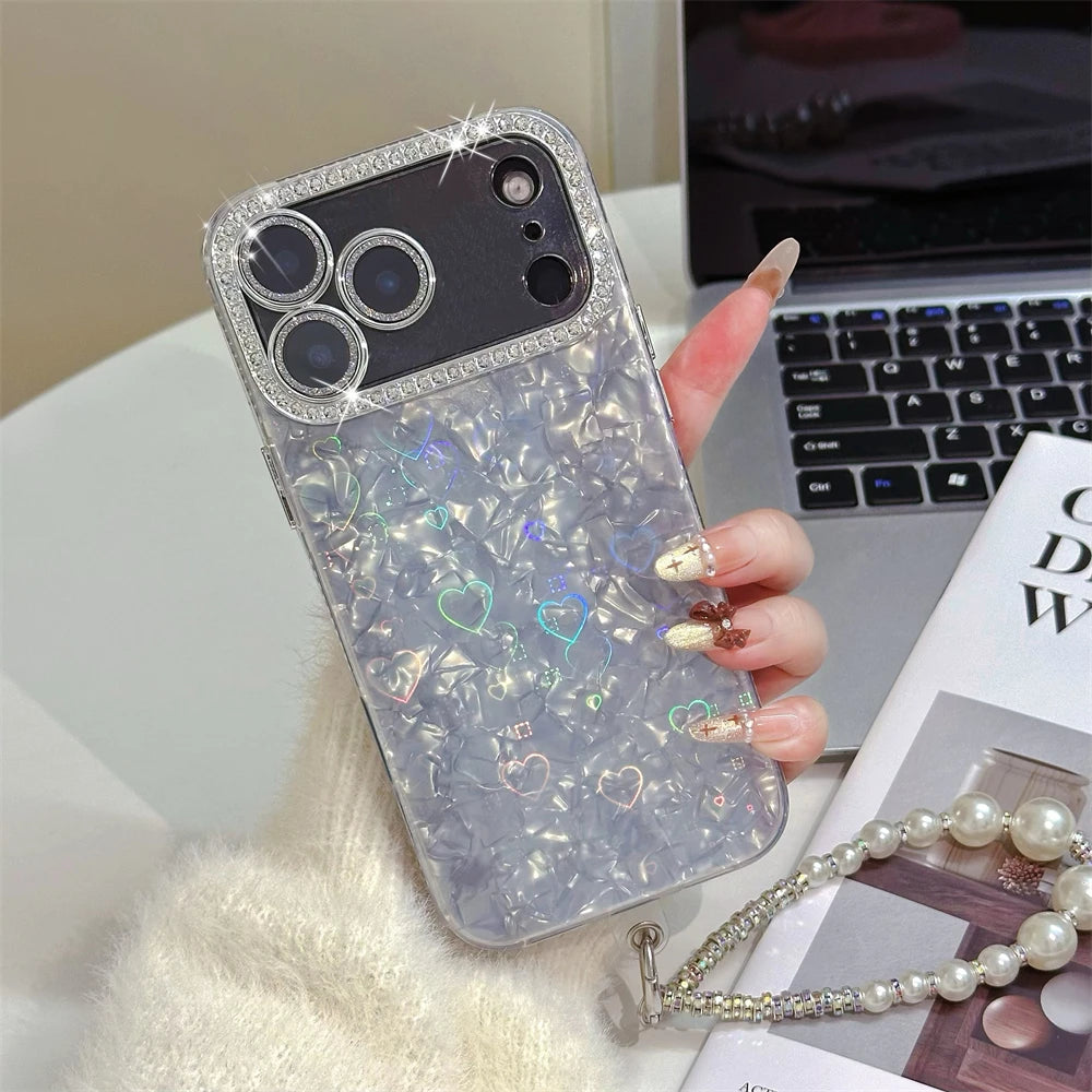 Rhinestone Butterfly Phone Case with Pearl Wrist Strap