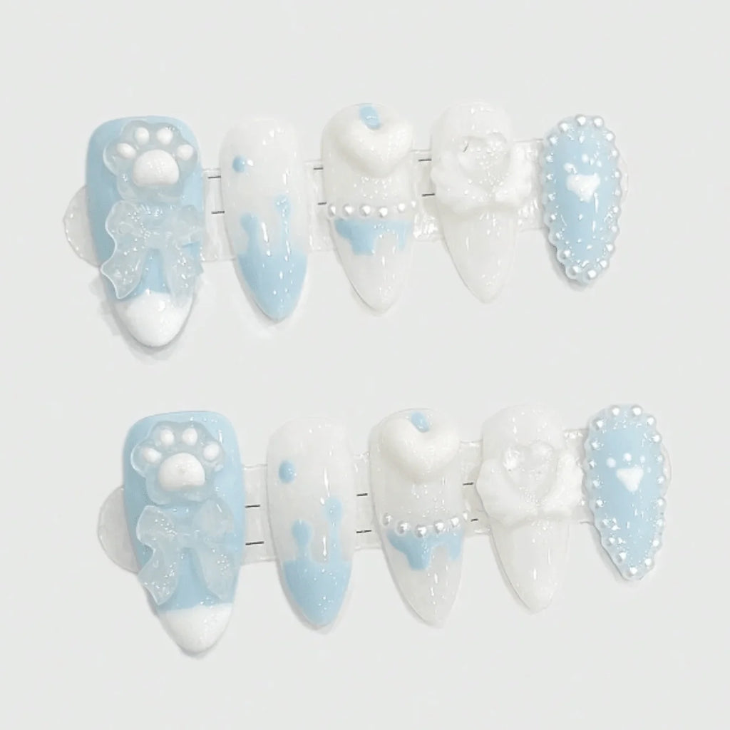 10pcs Cute Blue Bow & Cat Claw Press On Nails