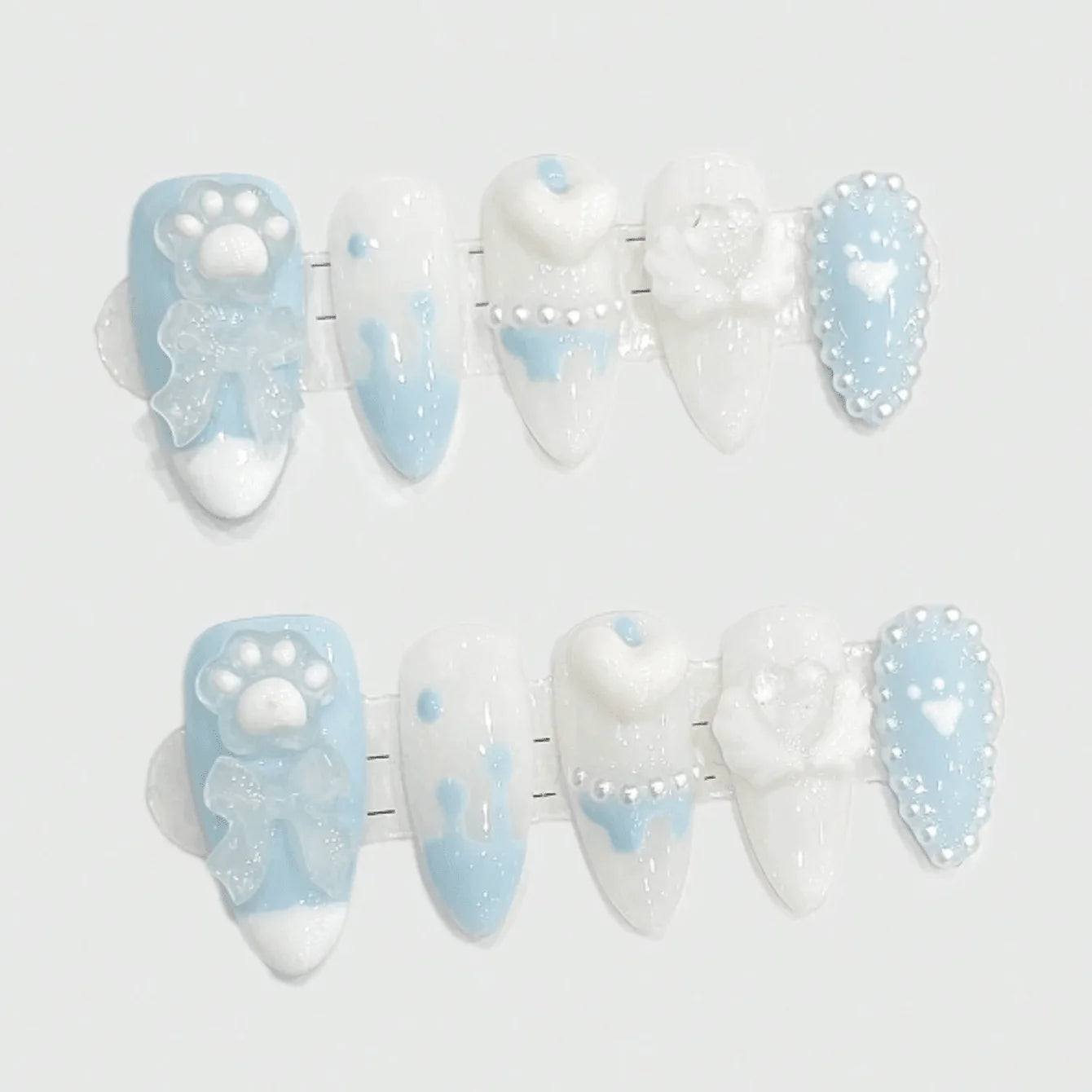 10pcs Cute Blue Bow & Cat Claw Press On Nails