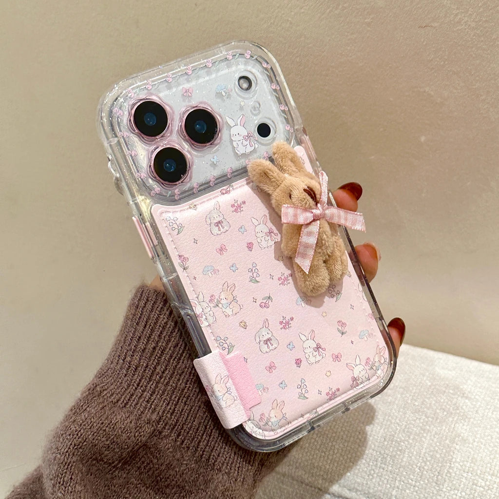 Plush Rabbit & Flower Leather Phone Case