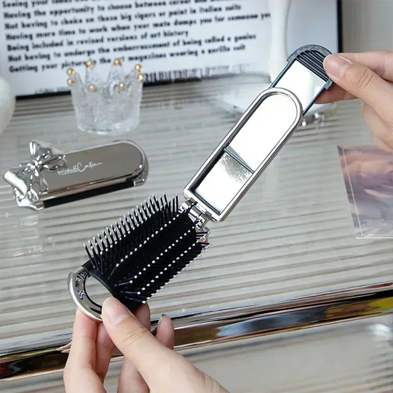 New Sliver Bow Folding Combs with Mirror Air Cushion Comb Diamond Bling Rhinestone Hair Brush Makeup Tool Cosmetic Travel Pocket