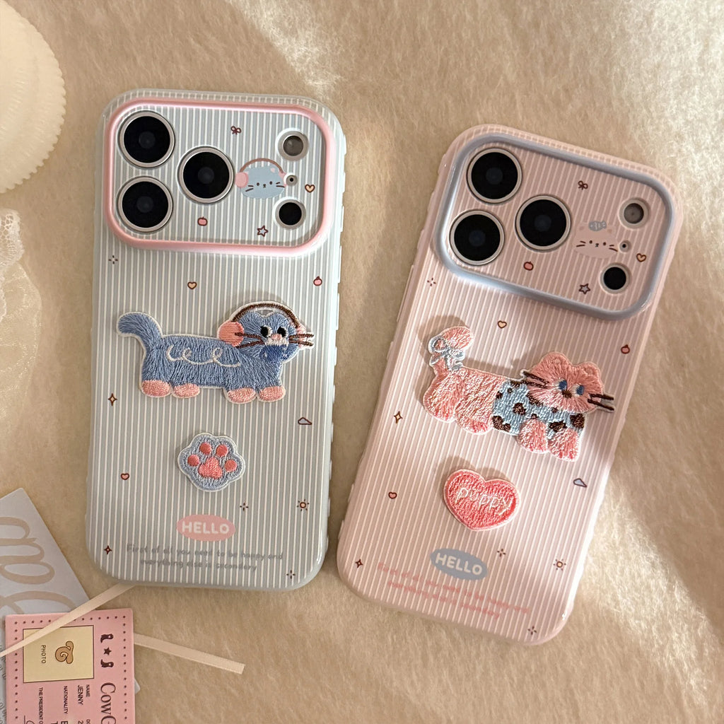 Cute Korean Cartoon Embroidery Kittens Striped Phone Case