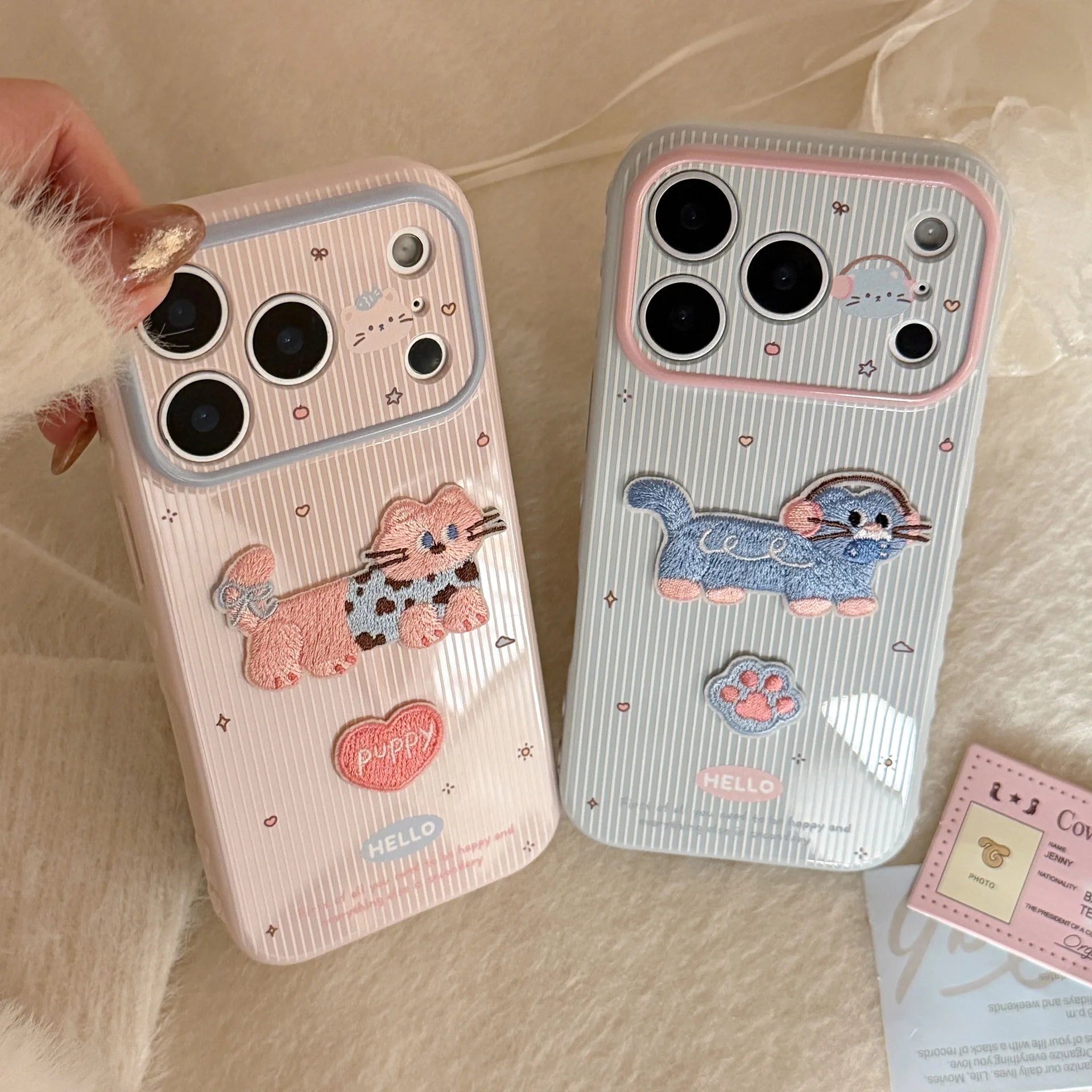 Cute Korean Cartoon Embroidery Kittens Striped Phone Case
