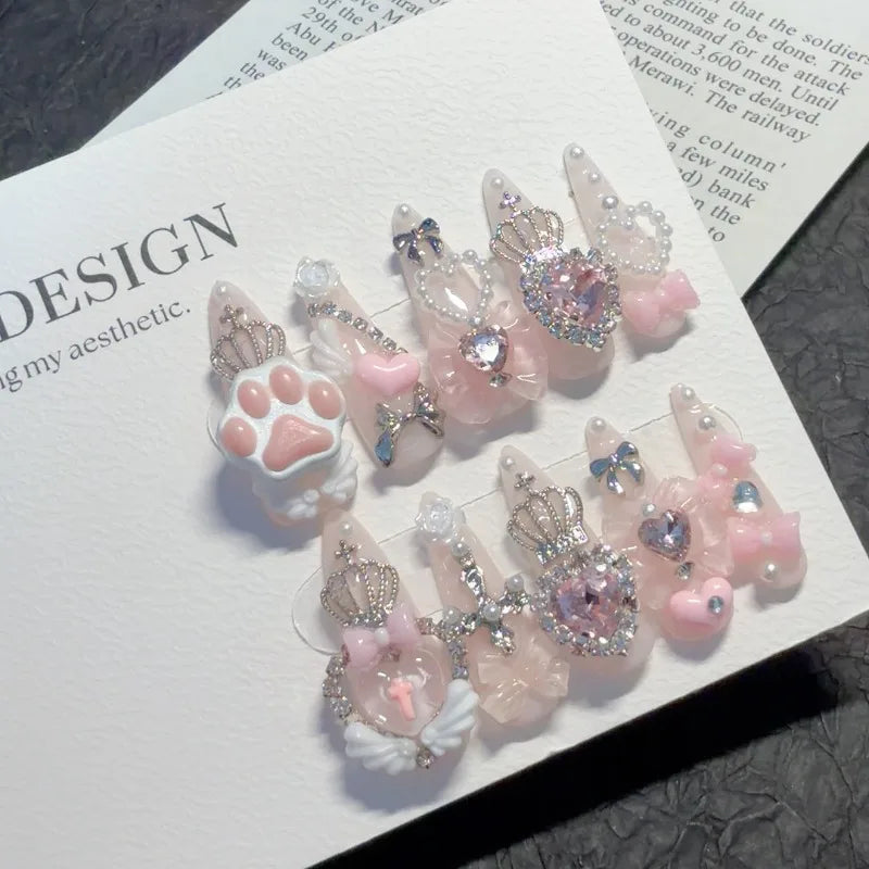 Jirai Kei 3D Bow Cat Claw Short Almond Handmade Press on Nails